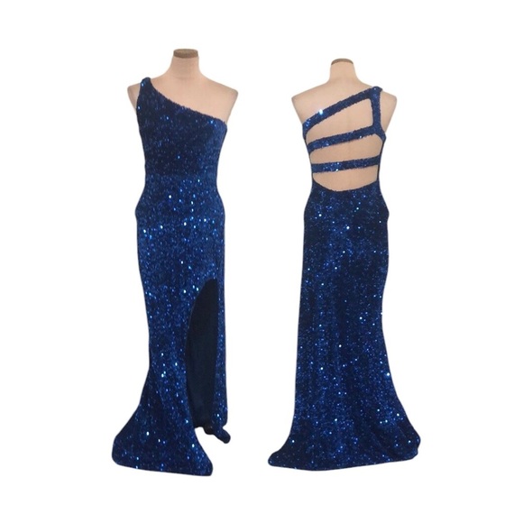 Crystal Doll Formal Maxi Dress Size 5 Royal Blue Sequin One Shoulder Cutout Gown - Picture 1 of 11